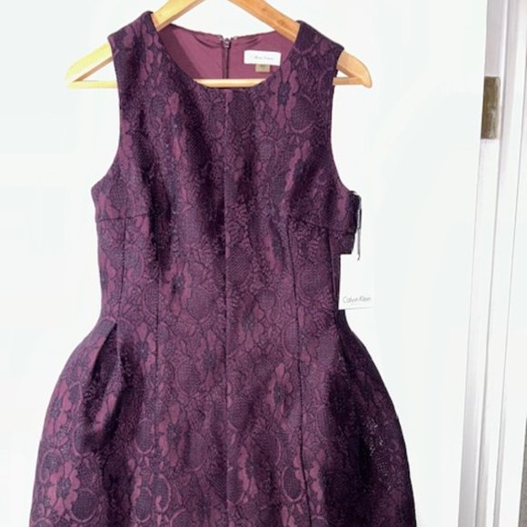 CALVIN KLEIN Size 8 Fit & Flare Dress Thick Lace Sleeveless Lined Purple NWT NEW - Picture 2 of 7